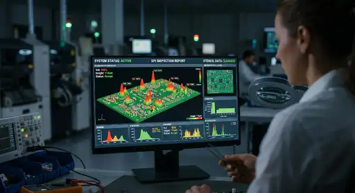 High tech 3D Solder Paste Inspection (SPI) monitor displaying heatmap data to catch errors early and reduce PCB assembly rework cleanup