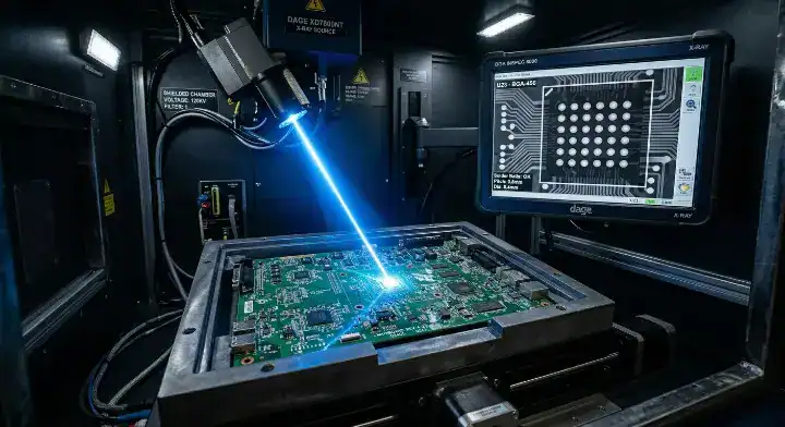 High tech automated machine performing an X ray inspection PCB assembly scan on a complex board to reveal hidden BGA solder joints