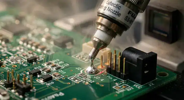 High tech machine nozzle performing precision joints for a selective soldering vs wave soldering cost comparison