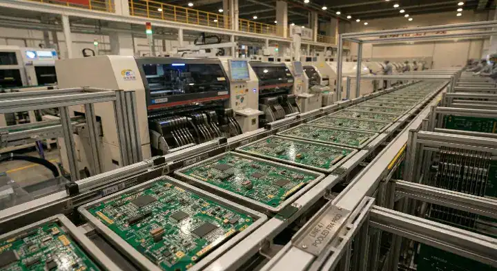 High volume automated PCB manufacturing panel pooling line in China showing extreme scale