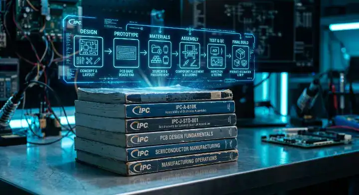 IPC standards manuals and a glowing manufacturing lifecycle flowchart on a workbench cleanup