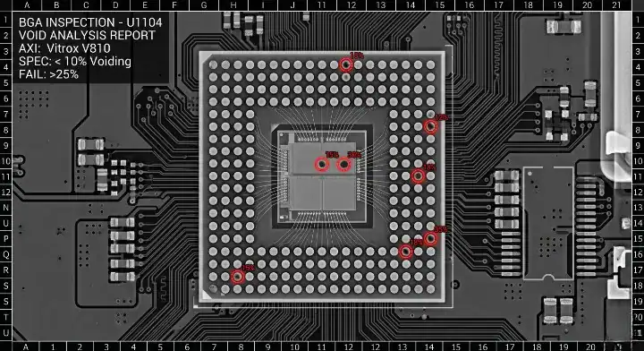 Industrial X ray inspection image revealing hidden BGA solder joint void percentages cleanup