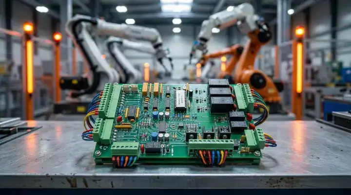 Industrial control circuit board used in factory automation, which typically requires highly reliable IPC Class 2 PCB assembly standards cleanup