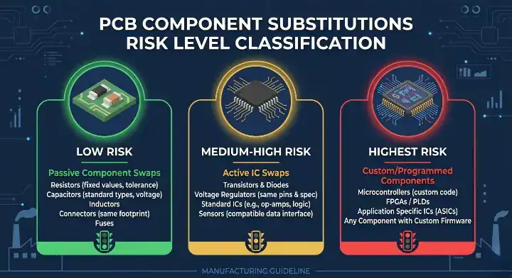 Infographic chart showing the risk levels of component substitutions during an engineering change notice PCB evaluation cleanup