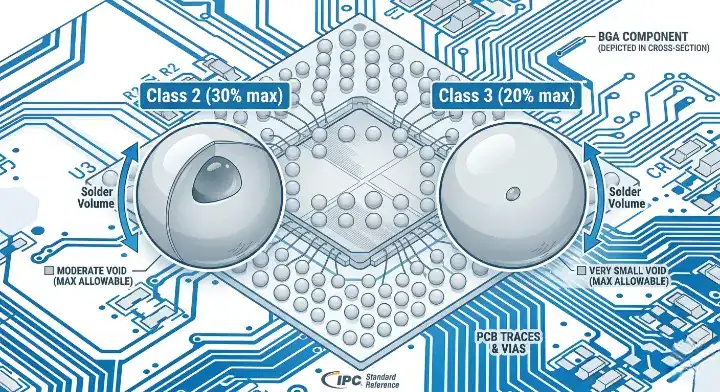 Infographic comparing IPC 7095 BGA voiding acceptable limits for Class 2 (30%) and Class 3 (20%) cleanup