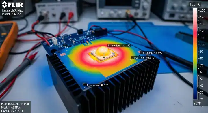 MCPCB vs ceramic Thermal camera imaging of a high power 5W LED showing junction temperature hot spots cleanup