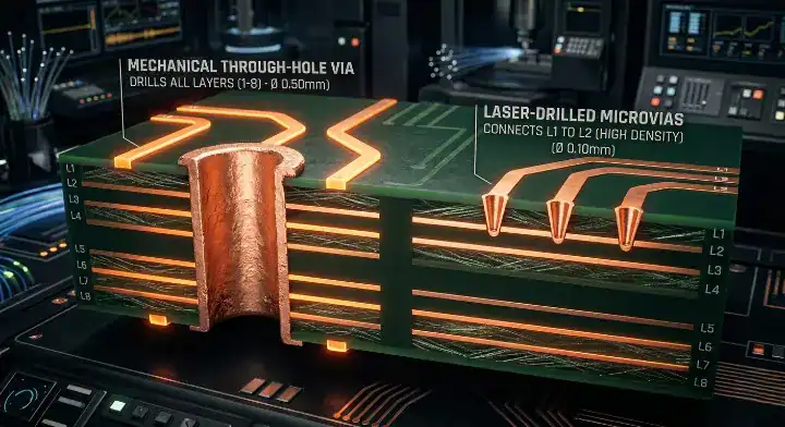 Macro comparison of HDI PCB vs standard PCB showing a large mechanical through hole next to tiny laser drilled microvias