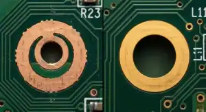 Macro comparison of IPC Class 2 vs Class 3 PCB annular ring requirements showing acceptable breakout versus strict continuous copper rings cleanup