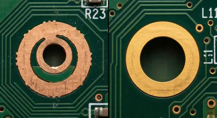 Macro comparison of IPC Class 2 vs Class 3 PCB annular ring requirements showing acceptable breakout versus strict continuous copper rings cleanup