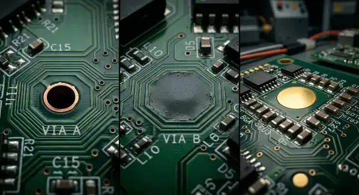 Macro comparison of PCB via tenting vs plugging vs filling showing IPC 4761 types side by side cleanup