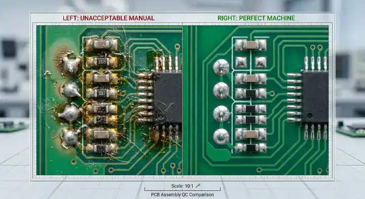 Macro comparison of clean machine soldering versus messy manual soldering with brown flux residue, proving why buyers must reduce PCB assembly rework cleanup