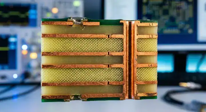 Macro cross section of a 6 layer PCB stack up design showing copper traces and FR4 prepreg layers cleanup