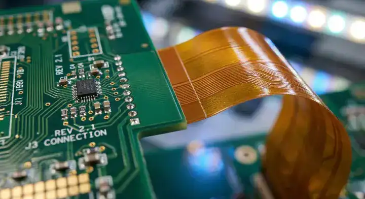 Macro photography of a hybrid rigid flex PCB showing the transition between green FR4 and flexible polyimide, highlighting the cost difference cleanup