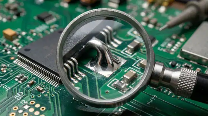 Macro view of a perfect solder joint under a magnifying glass, showing the quality standards that affect a PCB assembly quote cleanup