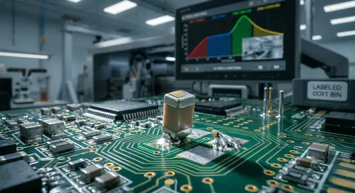 Macro view of a tombstoning defect on a tiny 0402 passive component caused by an incorrect reflow soldering profile cleanup