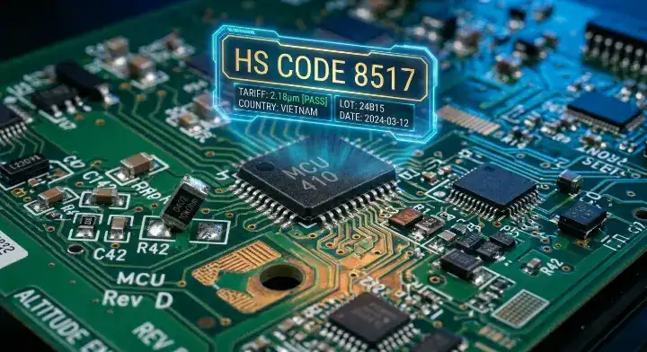 Macro view of an industrial PCBA with HS code classification tags for US customs import duties cleanup