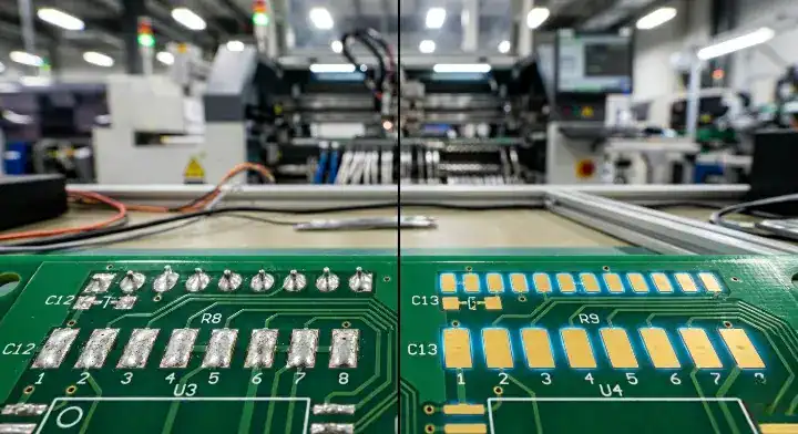 Macro view of gold plated PCB test points on the bottom layer, demonstrating proper DFT spacing and clearance rules for reliable ICT probing cleanup