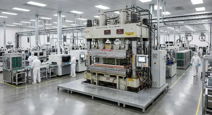 Mass production of multilayer circuit boards going through the lamination press machine in a factory cleanup