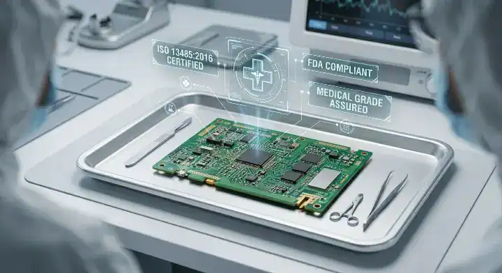 Medical device PCB fabrication concept showing an FR4 circuit board with FDA compliance and ISO 13485 quality control overlays