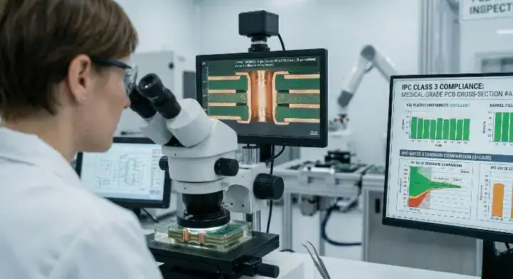 Micro section destructive testing of a medical PCB to verify IPC Class 3 copper plating thickness and zero defect barrel fill
