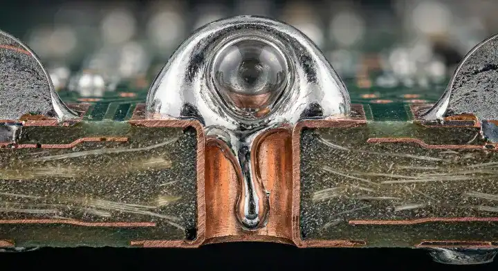 Microscopic cross section showing how an open via in pad causes severe BGA voiding by trapping outgassing flux cleanup