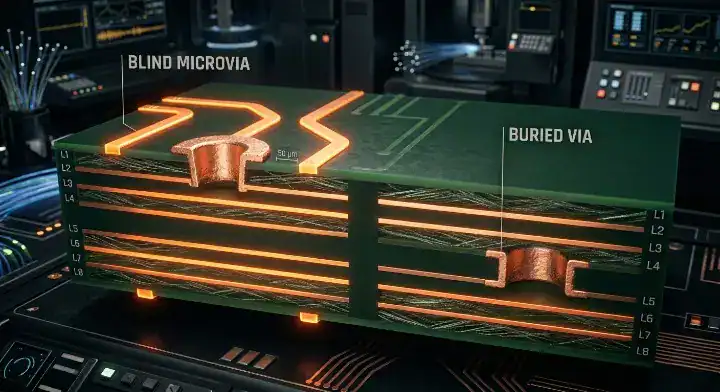 Microscopic cross section view of a 1+4+1 HDI PCB stack up showing blind and buried microvias to reduce fabrication cost