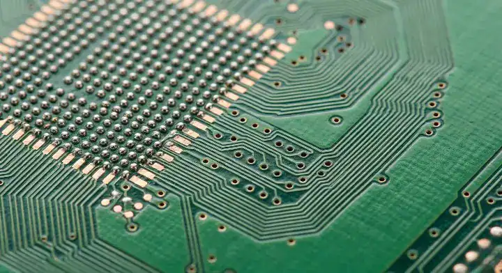 Microscopic view of 0.8mm BGA escape routing utilizing the inner layers of a 6 layer PCB cleanup