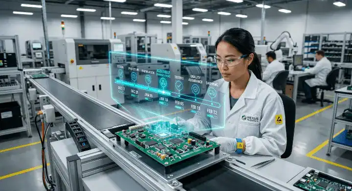 Modern PCB assembly factory floor showing production lead time timeline and green circuit boards cleanup