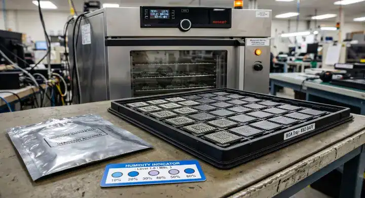Moisture sensitivity level PCB handling with an industrial baking oven and sealed BGA components cleanup