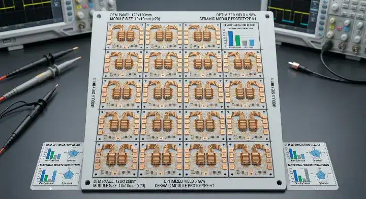 Optimized multi board panel array designed to reduce material waste and significantly lower the ceramic PCB price cleanup