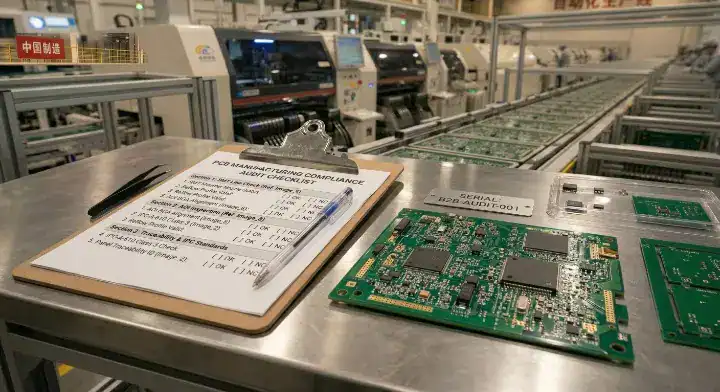 PCB fabrication certification audit checklist beside an FR4 circuit board