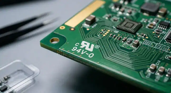 PCB fabrication showing UL 94V 0 flammability rating silkscreen stamp on the green solder mask
