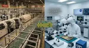 PCB manufacturing China vs USA cost and quality comparison concept featuring circuit boards and global logistics