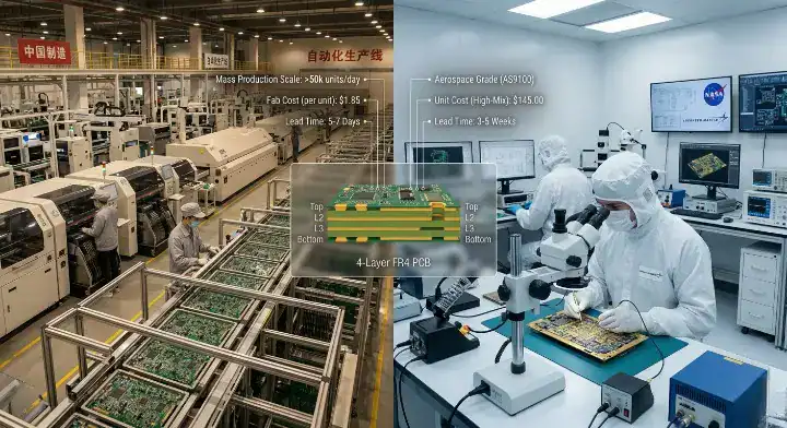 PCB manufacturing China vs USA cost and quality comparison concept featuring circuit boards and global logistics