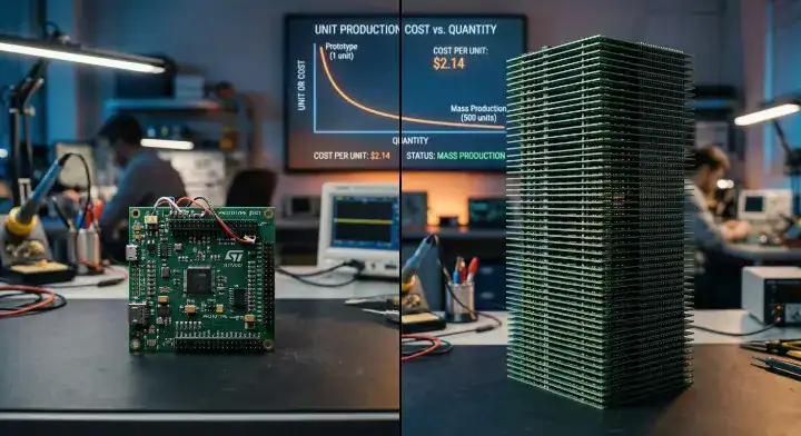 PCB minimum order quantity cost comparison showing a single prototype board versus a stack of 500 mass production boards cleanup