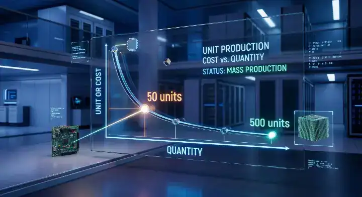 PCB order quantity cost breakdown chart illustrating the steep drop in unit price at the 50 piece inflection point cleanup