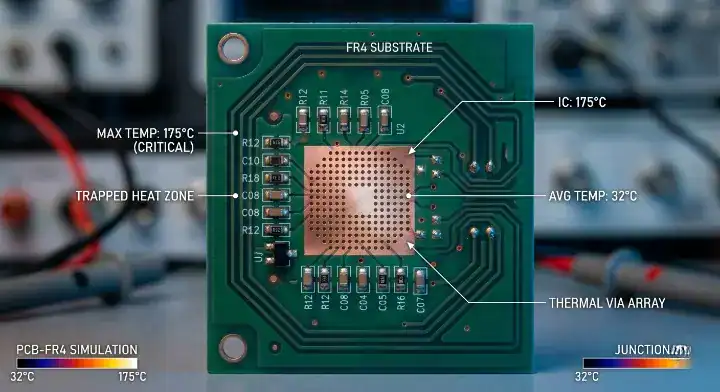 PCB overheating solution Close up of a dense thermal via array that struggles to dissipate heat for power densities above 5Wcm² (2) cleanup
