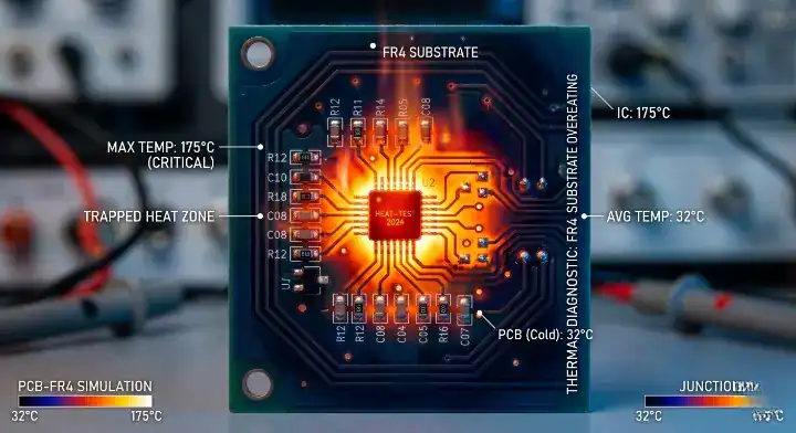 PCB overheating solution Close up of a dense thermal via array that struggles to dissipate heat for power densities above 5Wcm² cleanup