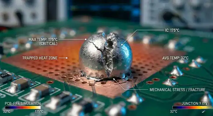 PCB overheating solution Microscopic view of a cracked solder joint caused by CTE mismatch and severe thermal cycling on a circuit board cleanup