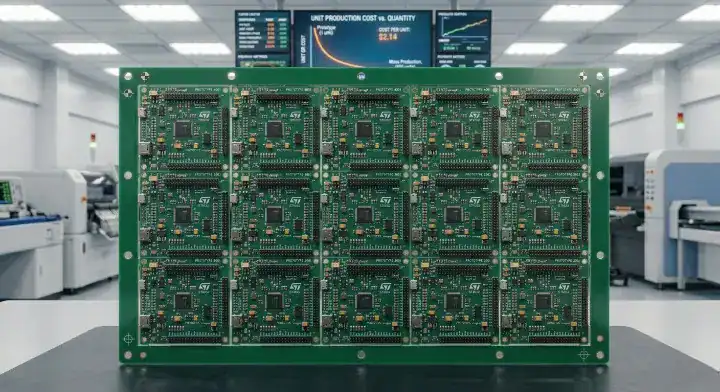 PCB panelization strategy showing multiple circuit boards on a single manufacturing array to share setup costs cleanup
