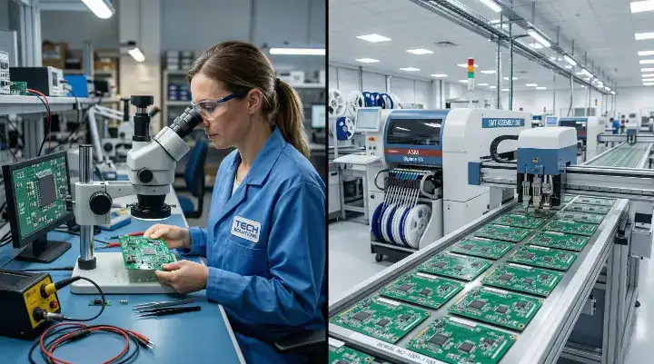 PCB prototype vs production order comparison showing manual inspection alongside an automated SMT assembly line