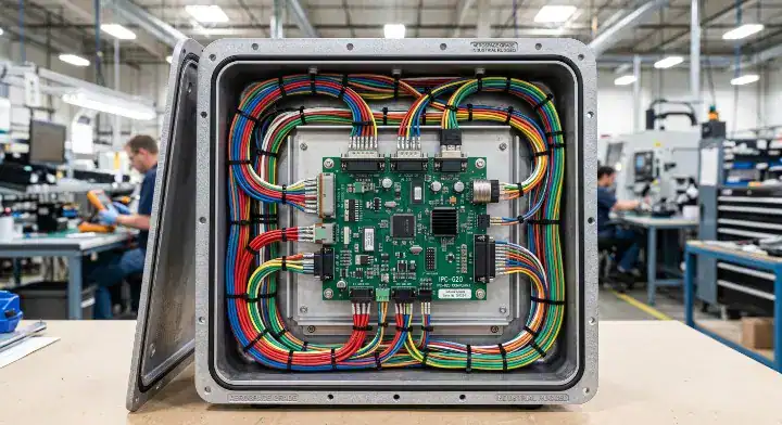 Perfectly routed wire harnesses and cables inside an industrial box build per IPCWHMA A 620 cleanup
