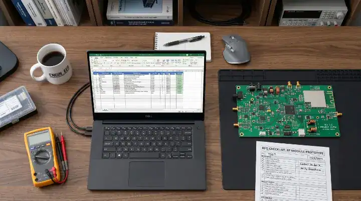 Photorealistic view of an engineer's desk with an Excel BOM and blueprints representing a complete PCB assembly RFQ checklist cleanup