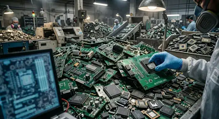 Pile of obsolete electronic components and e waste highlighting grey market PCB supply chain risks cleanup