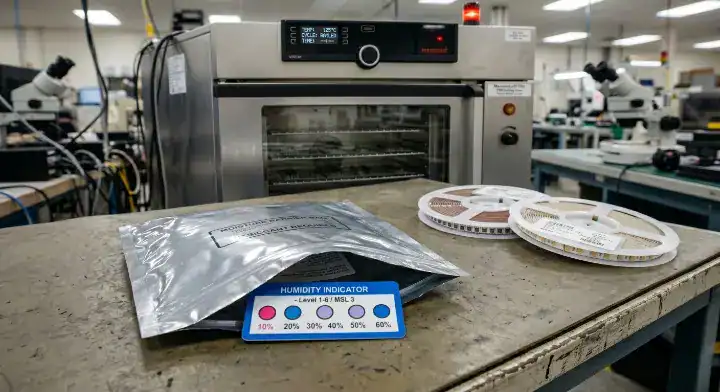 Pink humidity indicator card showing expired floor life for moisture sensitivity level PCB parts cleanup