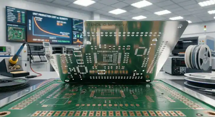 Precision SMT stencil and tooling setup representing the fixed NRE cost in small batch PCB assembly cleanup