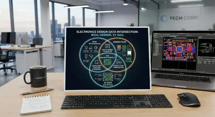Printed infographic diagram showing the three way validation between BOM, Gerber, and a centroid file PCB assembly