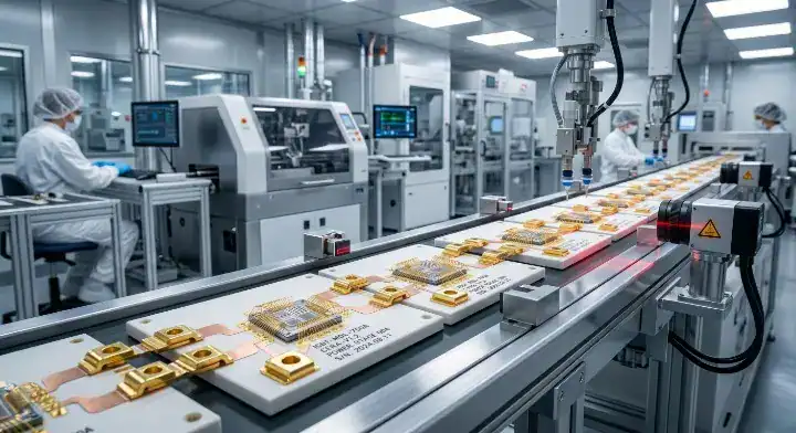 Pristine white ceramic substrates on a cleanroom assembly line highlighting the advanced ceramic PCB manufacturing process cleanup