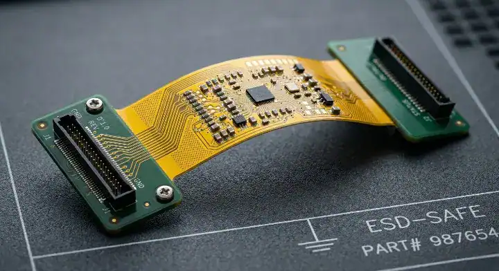 Pure flexible PCB with rigid green FR4 stiffeners added behind connectors as a low cost alternative to rigid flex design cleanup