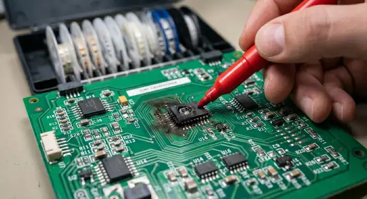 QA engineer identifying a burnt component on a circuit board, triggering an engineering change notice PCB process for component substitution cleanup